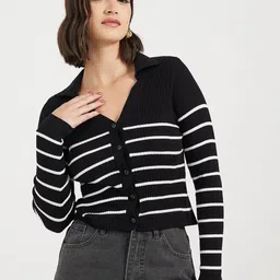 Styli Striped Printed Collared Regular Length Fitted Cardigan-image-41