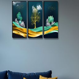 Myntra Elegant Homes Teal & Gold-Toned 3 Piece Wood Floral and Botanical Wall Paintings-image-2