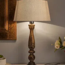 Homesake Brown Floral Carved Wood Table Lamp with Khadi Shade (Bulb Included) - Set of 1-19