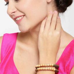Priyaasi Set Of 2 Gold-Plated Stones And Pearls Studded Meenakari Bangles in Black and Pink-7
