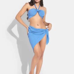 Secrets By ZeroKaata Blue Plain Swimwear Bra Panty Set With Sarong-image-75