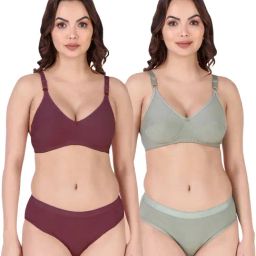 AROUSY Maroon & Green Cotton Bra Panty Set - Pack Of 2-image-91