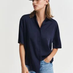 GANT Women Relaxed Fit Spread Collar Solid Casual Navy Blue Shirt-image-16