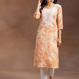 Libas Peach Cotton Embroidered Straight Kurta-image-43