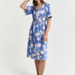 GANT Floral Print Flared Sleeve A-Line Blue Midi Dress-image-1