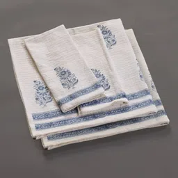 Peepul Tree4Pc Off White & Blue Floral Block Printed Cotton Hand & Bath Towels-81