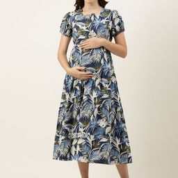Nejo Blue Tropical Print Puff Sleeve Maternity A-Line Dress-image-44