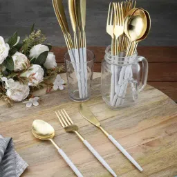 VarEesha Radiant Golden & White Stainless Steel Cutlery - Set of 18-24