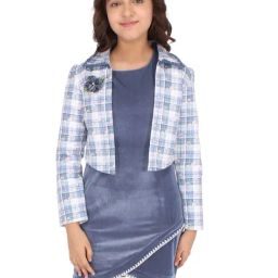 Cutecumber Kids Blue Checks Full Sleeves Dress with Shrug-image-8