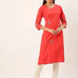 SHOWOFF Red Cotton Embroidered Calf Length Straight Kurta-image-18