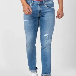 Spykar Light Blue Cotton Regular Fit Distressed Jeans-picture-2