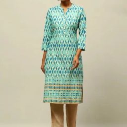 Rangriti Aqua Blue Cotton Printed Straight Kurta-image-83