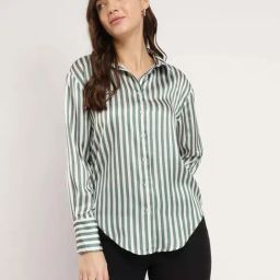Fablestreet Green Striped Casual Shirts-image-16