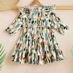 Bella Moda Girls Multi Cotton Three Fourth Sleeves Abstract Printed Dress-8