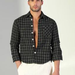 Showoff Black Cotton Regular Fit Checks Shacket-image-76