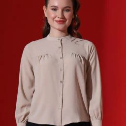 Mandarin Collar Women Cream Cotton Casual Shirt-17