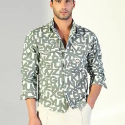 Showoff Grey Cotton Regular Fit Graphic Shacket-19