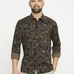 Basics Olive Cotton Slim Fit Printed Shirt-image-32