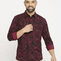 Basics Wine Cotton Slim Fit Printed Shirt-image-93