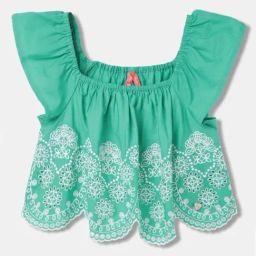 Blue Giraffe Kids Green & White Cotton Embroidered Top-image-94