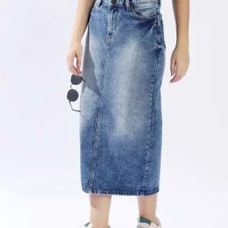 High Star Blue Cotton Pencil Fit Skirt-image-95