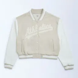Y&F Kids by Westside Beige Text Pattern Cotton-Blend Varsity Jacket-picture-1