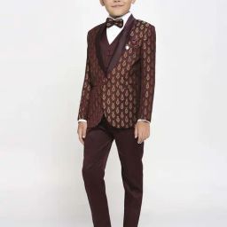 Kids Island Boys Maroon & White Jacquard Full Sleeves Suit Set-image-30