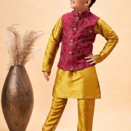 VASTRAMAY Boys Maroon & Mustard Embroidery Full Sleeves Kurta Sets-image-14