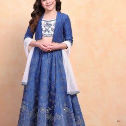 Biba Girls Blue-White Embroidered Lehenga Cholis-image-29
