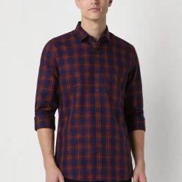 Peter England Navy Cotton Slim Fit Checks Shirt-picture-14