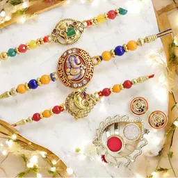MEIRA JEWELLERY Set Of 3 Stone-Studded & Beaded Rakhi With Greeting Card Gift Set-11