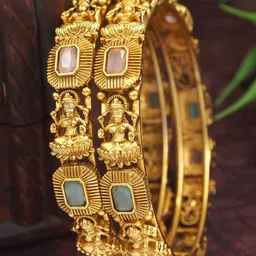 SGA FASHION Set Of 2 Gold-Plated American Diamond Studded Temple Bangles-image-59