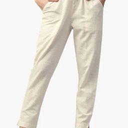 Jaipur Kurti Cream Regular Fit Cotton Pleated Pants-picture-6