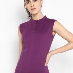 appulse Women Purple Solid Mandarin Collar T-shirt-picture-4