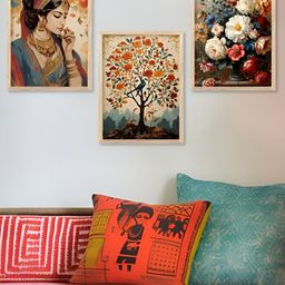 Kotart Brown & Green 3 Pieces Wooden Floral Traditional Painting Wall Arts-picture-0