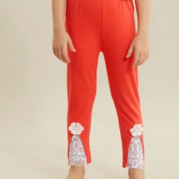 Kookie Kids Full Length Cotton Lycra Leggings With Lace - Red-picture-45