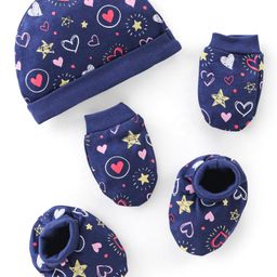 Babyhug Cotton Knit Cap Mittens & Booties Set Heart Print - Blue-picture-23