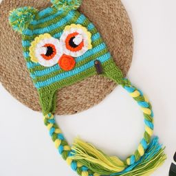 Woonie Bird Eyes Detailed & Striped Crochet Cap - Green-image-82
