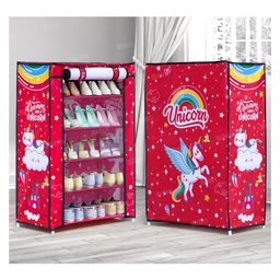 Fiddlerz Shoe Rack 5 Shelves Multipurpose  Cabinet with Zip Door Cover Side Pockets Collapsible Rack for Footwear Toys (Unicorn Design) - Pink-12