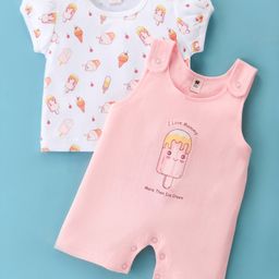 ToffyHouse 100% Cotton Knit Dungaree Style Romper with Half Sleeves T-Shirt Ice Cream Print - Pink-image-84