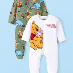 Babyhug Disney Cotton Knit Full Sleeves Sleep Suits With Winnie The Pooh Graphics Pack Of 2 - Green & White-image-102