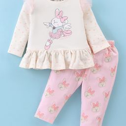 ToffyHouse 100% Cotton Knit Full Sleeves Frill Detailed Top & Lounge Pants Set With Hearts Print - Pink-20
