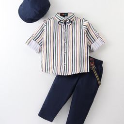 Robo Fry Cotton Knit Full Sleeves Striped Shirt & Trouser Set with Hat Bow & Suspender - Navy Blue-image-72