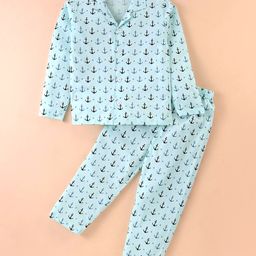 Ollypop Sinker Knit Full Sleeves Front Open Night Suit With Anchors Print - Aqua-image-70