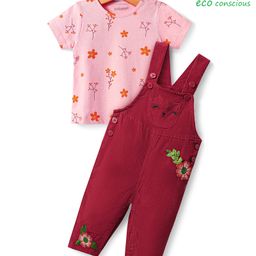 Babyoye Eco Conscious 100% Cotton Woven Floral Embroidered Dungaree & Floral Printed Half Sleeves T-Shirt - Pink & Maroon-image-56