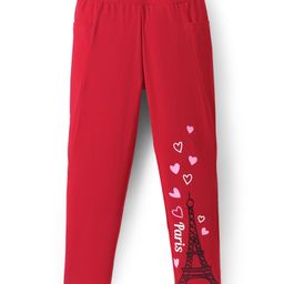 Pine Kids Cotton Lycra Knit Full Length Leggings With Paris Print - Red-image-75