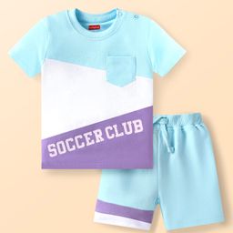 Babyhug Single Jersey Knit Half Sleeves T-Shirt & Shorts Set With Cut & Sew Design & Text Print - Light Blue White & Purple-picture-17