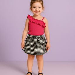 Mark & Mia Woven Sleeveless Top & Printed Skirt with Frill Detailing - Dark Pink & Black-image-77