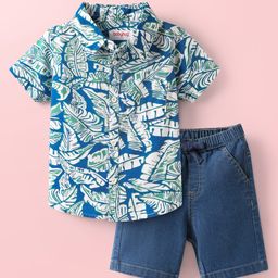 Babyhug Cotton Woven Half Sleeves Shirt & Denim Shorts With Zebra & Flamingo Print - Blue-image-93