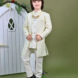 Ahhaaaa Brocade Sequins Embellished Geometric Designed Sherwani Pant Set - Cream-image-44